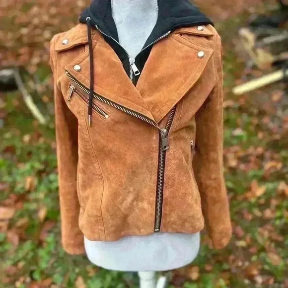7 For All Mankind suede leather jacket. Brown. Size small. Detachable hood
